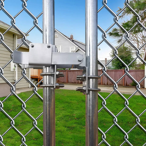 Double Gate Latch For Chain Link Fence 1 3 Eighth Inch Gate Frames, Strong Arm Design, Residential Grade, Silvery Finish installed.