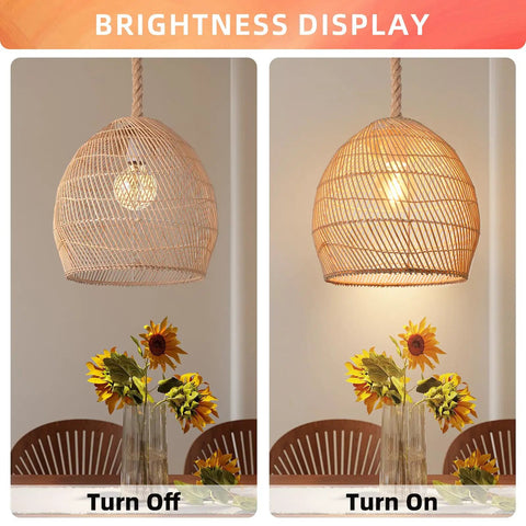Natural Rattan Pendant Light For Kitchen Island With Woven Rope Shade, brightness display, on and off comparison
