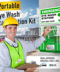 Construction worker installing Two Pack Portable Eye Wash Station 17 Ounce Each Wall Mount First Aid Eyewash Kit OSHA Approved BPA Free Includes Empty Bottles and Mirror Emergency Eyewash Not Included Cup Mouth Deflector for Mess Free Use.