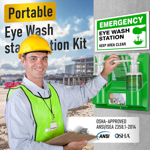 Construction worker installing Two Pack Portable Eye Wash Station 17 Ounce Each Wall Mount First Aid Eyewash Kit OSHA Approved BPA Free Includes Empty Bottles and Mirror Emergency Eyewash Not Included Cup Mouth Deflector for Mess Free Use.