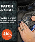 Flexible Waterproof Tape For Quick Fixes And Heavy Duty Repairs, Leaks, Roof Patches, UV And Weather Resistant Black Tape 1.88 Inch By 30 Foot being applied by hands for sealing.