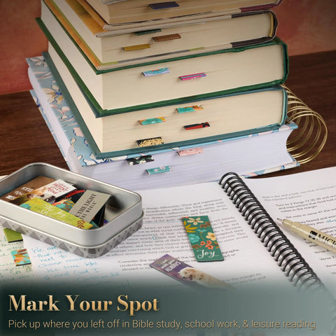 Magnetic Christian Bookmark Set Of 6 Pagemarkers With Scripture Quotes and Uplifting Messages on stacked books for Bible study.