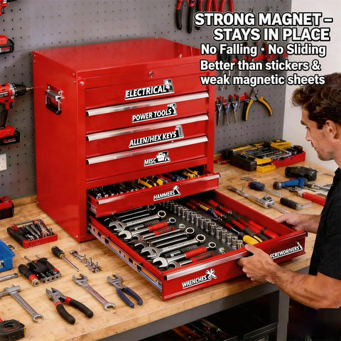 12 Piece Magnetic Drawer Labels For Metal Tool Chests And Toolbox Drawers 3D Raised Letters Reusable Organizer Labels For Your Garage And Shop Black Background With White Text on red tool chest