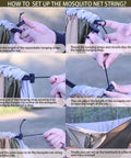 Instructions on setting up mosquito net string for Super Comfy Double Hammock With Mosquito Net For Outdoors Portable Lightweight Nylon Parachute Hammock With 10ft Tree Straps Great For Camping Hiking Backpacking Beach And Patio Green Khaki