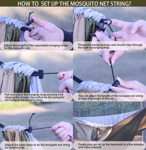 Instructions on setting up mosquito net string for Super Comfy Double Hammock With Mosquito Net For Outdoors Portable Lightweight Nylon Parachute Hammock With 10ft Tree Straps Great For Camping Hiking Backpacking Beach And Patio Green Khaki