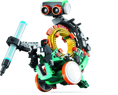 Mech 5 Mechanical Coding Robot for Hands-On STEM Fun, Snap Coding Wheel visible, holding marker, colorful parts