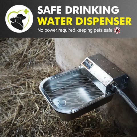 No Fuss Automatic Water Dispenser For Dogs And Livestock, 3 Liter Stainless Steel Faucet Bowl mounted for outdoor use.