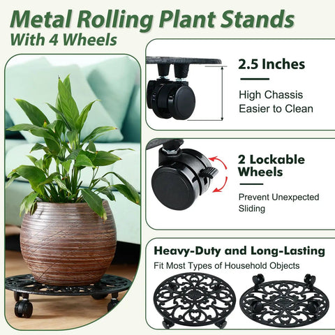 Heavy Duty Rolling Plant Stands With Wheels Two Pack Metal Plant Caddy Smooth Cast Iron Rollers For Indoor Plant Pots with lockable wheels