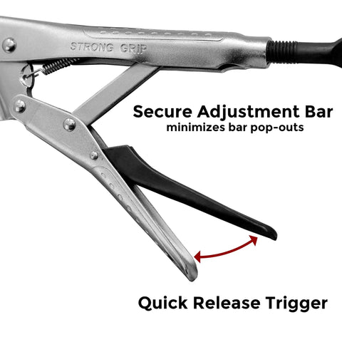 Locking Chain Pliers With 36-Inch Chain Holds Up To 10.5-Inch Diameter Pipe Quick Release Trigger close-up on secure adjustment bar