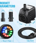 Beast Submersible Fountain Pump With Lights 16W 800 Liters Per Hour Flow 8.86ft Lift Ultra Quiet Operation Includes 2 Nozzles
