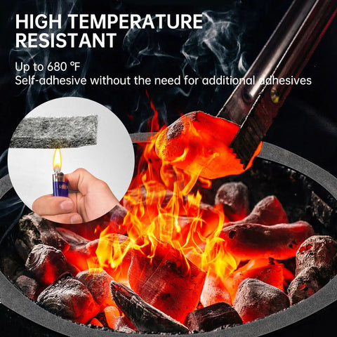 High Temp Grill Gasket Replacement For Large And XLarge Kamado Grills Self Adhesive No Fuss Fifteen Feet Long Seven Eighths Inch Wide One Eighth Inch Thick Leak Proof Seal For Big Green Egg Ovens And Smokers, shown over hot coals