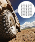 Beefy Heavy Duty Spiral Screw Tire Studs Black Ice Crushing Spike Set 50 Count mounted on a rugged tire for winter traction.