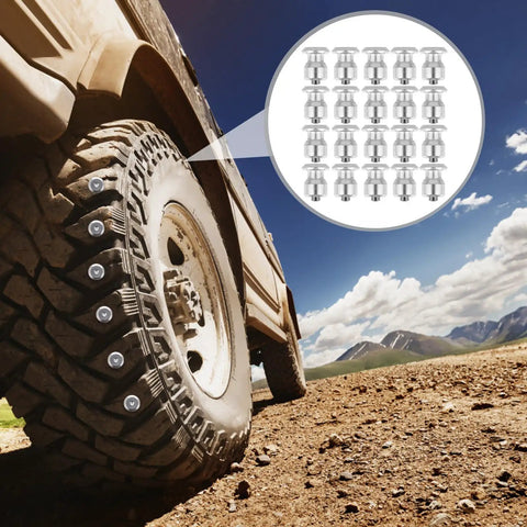 Beefy Heavy Duty Spiral Screw Tire Studs Black Ice Crushing Spike Set 50 Count mounted on a rugged tire for winter traction.