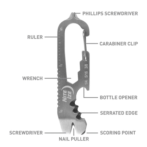 DoohicKey Keychain Multi Tool Stainless Steel 8 In 1 Bottle Opener Nail Puller Wrench Ruler Serrated Edge Scoring Point Phillips And Flathead Screwdrivers Compact Two Point Six Five Inch Everyday Carry image labeled with tool functions