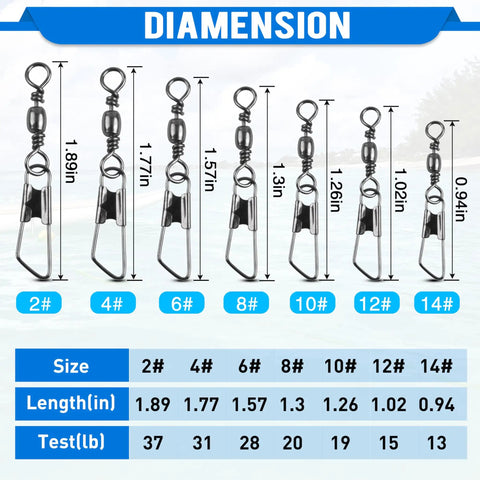High Strength Fishing Barrel Swivels With Safety Snap Stainless Steel Barrel Swivel For Saltwater And Freshwater Copper Core With Black Nickel Finish Corrosion Resistant Smooth Rotation Solid Ring Tackle Connector size chart 2# to 14#