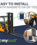 Keep Your Gear Locked Down With This Rugged GPS Asset Tracker All Week Battery Life Real Time Location Updates Via Smartphone App For Trucks Cars And Equipment Security, showing GPS tracker installed on forklift.