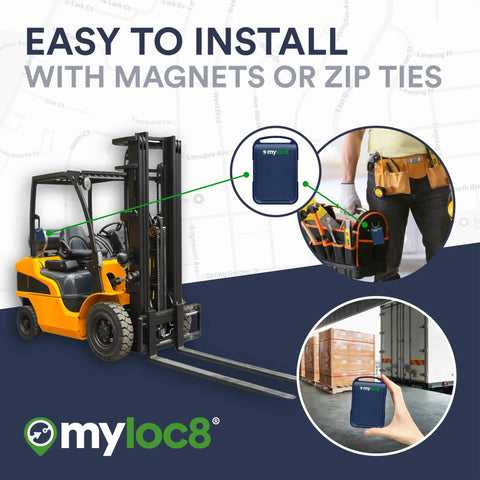 Keep Your Gear Locked Down With This Rugged GPS Asset Tracker All Week Battery Life Real Time Location Updates Via Smartphone App For Trucks Cars And Equipment Security, showing GPS tracker installed on forklift.
