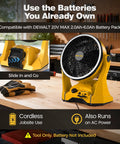 Cordless 20V Jobsite Fan With Infinite Speed, 180 Degree Tilt, Ring Light, USB C on workbench with battery slot
