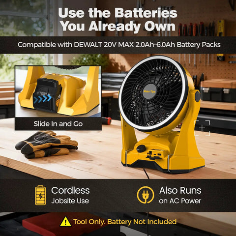 Cordless 20V Jobsite Fan With Infinite Speed, 180 Degree Tilt, Ring Light, USB C on workbench with battery slot