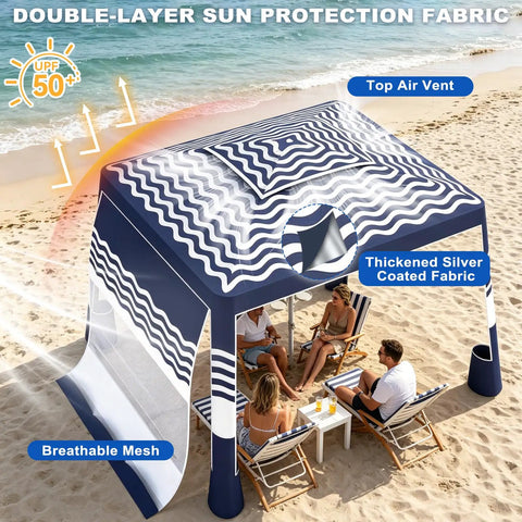 Beach Cabana Sun Shade Tent 8x8 Ft Portable Canopy With UPF 50 Plus Silver Coated Fabric Sandbags Side Wall Easy Setup Navy Stripes