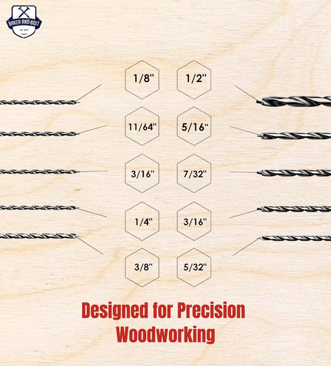 Brad-point wood drill bit set, Baker and Bolt, 10 pieces, 12-inch bits, logo visible