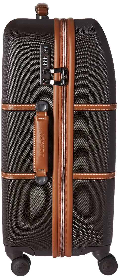 DELSEY Paris Chatelet Hard+ 24-inch hardside luggage with spinner wheels; chocolate brown with brown leather trim