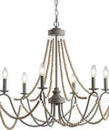 27 Inch Grey And Natural Six Light Beaded Chandelier In Modern French Country Farmhouse Style with LED bulbs, metal, and wood beads