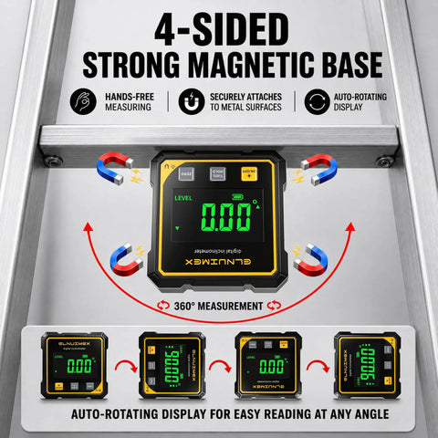 Tough Magnetic Digital Angle Finder And Laser Inclinometer Gauge with 4-sided magnetic base and auto-rotating display.