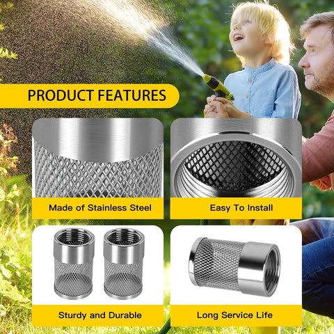 Child watering garden, 2 Pack 25mm Garden Hose Strainer Inline Filter Heavy Duty For Livewell Pumps And Sprayers Debris Catcher displayed