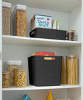 Set Of Four Large Cube 17L Jute Texture Plastic Storage Baskets Dope Organization For Home Office Closet Shelves Kitchen Pantry And Bedroom Essentials Black filled with kitchen items on pantry shelf