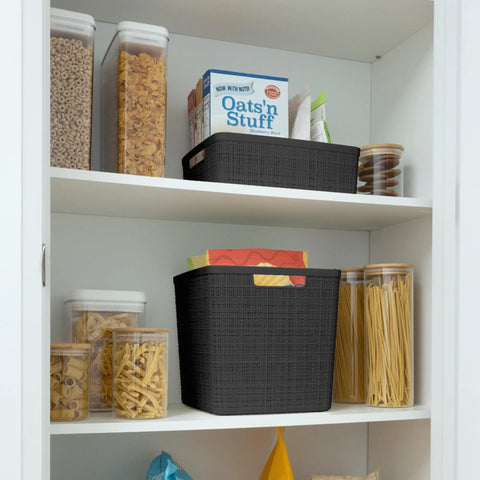 Set Of Four Large Cube 17L Jute Texture Plastic Storage Baskets Dope Organization For Home Office Closet Shelves Kitchen Pantry And Bedroom Essentials Black filled with kitchen items on pantry shelf