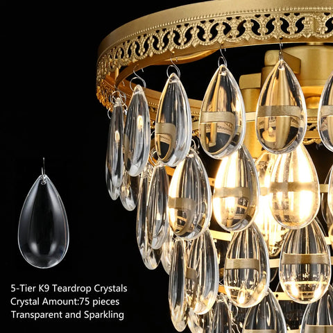 Crystal Chandelier For Dining Room Modern Vintage Gold Pendant Light Fixture with raindrop K9 crystals close-up