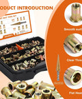 Pro Grade Rivet Nut Tool Kit With 5 Mandrels M3 M4 M5 M6 M8 And 470Pcs Threaded Rivet Nuts For Automotive Furniture And Metalworking Heavy Duty Hand Riveter Set displayed with nuts and mandrels