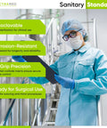 Healthcare professional in scrubs, holding a tablet in a clinical setting with text highlighting features: autoclavable, corrosion-resistant, TC grip precision, ready for surgical use.