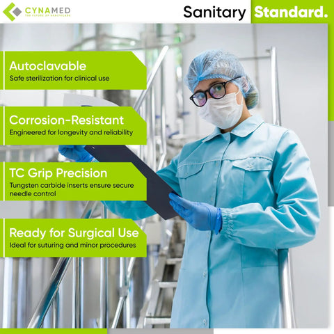 Healthcare professional in scrubs, holding a tablet in a clinical setting with text highlighting features: autoclavable, corrosion-resistant, TC grip precision, ready for surgical use.