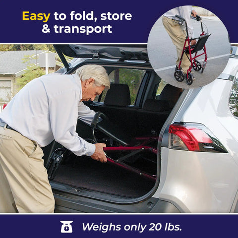 Man folding the Rock Solid Red Rollator Walker With Cushy Seat And Steel Frame for easy transport in a vehicle.