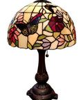 Tiffany Style Table Lamp With Stained Glass Shade Red Green White Floral Butterfly Design Antique Vintage Bedside Glow For Living Room Or Bedroom Cozy Vibe Handmade Gift 19 Inch Tall