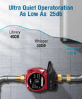 2 In 1 Hot Water Recirculating Pump 125W 110V Pressure Booster with quiet operation indicator at 25DB showing installation details.