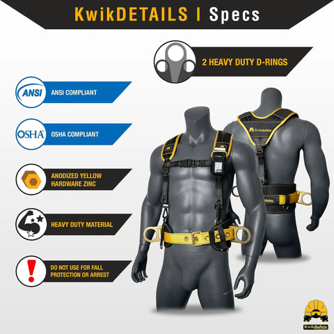 Beaver Tail Safety Belt Kit For Linemen And Ironworkers displayed on mannequin, showing harness features, size adjustable, yellow components.
