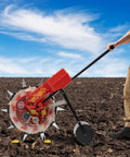 Manual Hand Push Garden Seeder Walk Behind Row Crop Planter With 10 Nozzles in use on field