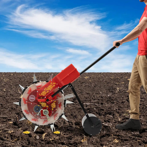 Manual Hand Push Garden Seeder Walk Behind Row Crop Planter With 10 Nozzles in use on field