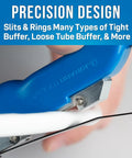JIC-4366 Fiber Optic Cable Jacket Slit And Ring Tool in use on a fiber cable, showcasing precision blades and blue handle.