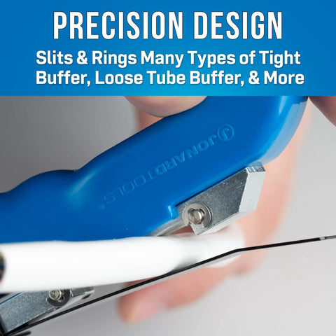 JIC-4366 Fiber Optic Cable Jacket Slit And Ring Tool in use on a fiber cable, showcasing precision blades and blue handle.