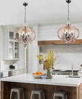 Farmhouse Wood Pendant Light With Six Candle Holders Weathered White Chandelier in rustic kitchen setting over island