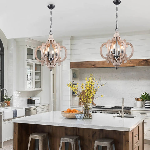 Farmhouse Wood Pendant Light With Six Candle Holders Weathered White Chandelier in rustic kitchen setting over island