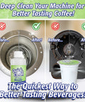 4 Pack Cleaning Cups With Descaler Bundle 2.0 showing before-and-after cleaning effects on coffee machine components.