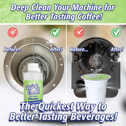 4 Pack Cleaning Cups With Descaler Bundle 2.0 showing before-and-after cleaning effects on coffee machine components.