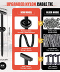 Comparison of upgraded nylon cable tie with self-locking fasteners showing new and older models' features and benefits.