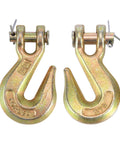 Front view: pair of 3/8 inch clevis grab hooks, yellow zinc finish, Grade 70, 7500 lb WLL for trailer truck transport