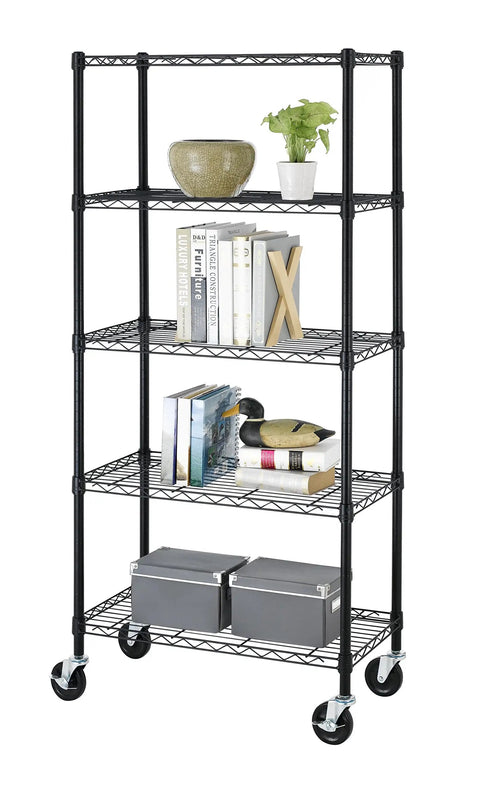Heavy Lifting Five Tier Steel Wire Shelving Rack With Slick Rolling Wheels No Sweat Tool Free Assembly Thirty By Fourteen By Sixty Inches Garage Storage